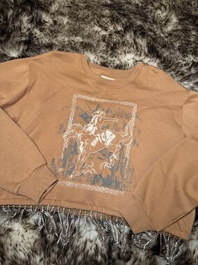 Beaded Hem Western Graphic Cropped Sweatshirt - Tan